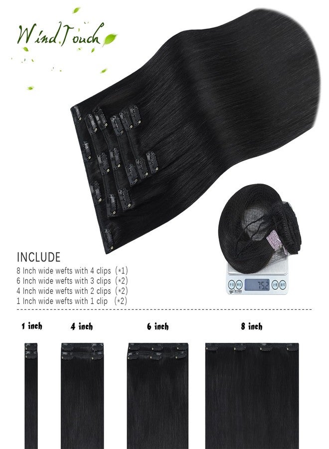 WindTouch Clip In Hair Extensions Real Human Hair Black Hair Extensions Remy Hair 7pcs 18 Inch 75g #1B Natural Black Clip Ins Real Human Hair Black Women - Image 3